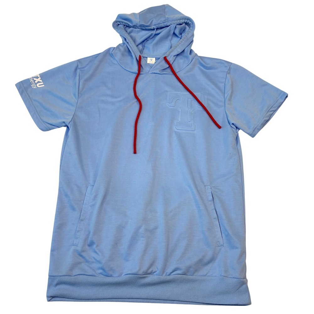 Texas‎ Rangers Short Sleeve Hoodie Mens Medium Blue Embossed T Logo TXU Energy